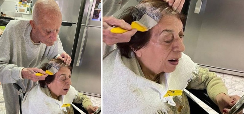 Dojemné foto z izraelské karantény: 92letý Ezra barví vlasy své 89leté ženě Beloved